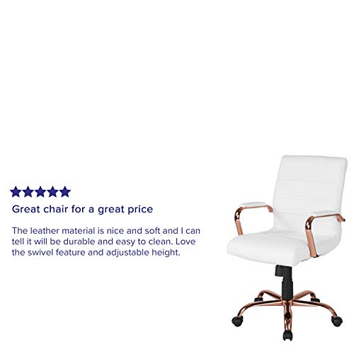 Flash Furniture Mid-Back White LeatherSoft Executive Swivel Office Chair with Rose Gold Frame and Arms