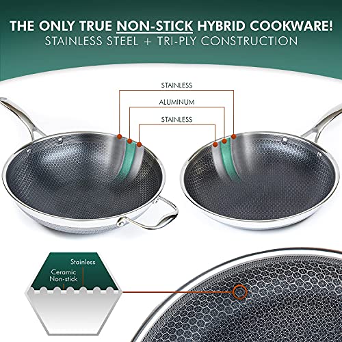 HexClad 7-Piece Hybrid Stainless Steel Cookware Set with Lids and Wok - Metal Utensil and Dishwasher Safe, Induction Ready, PFOA-Free, Easy to Clean Non Stick Fry Pan with Covers