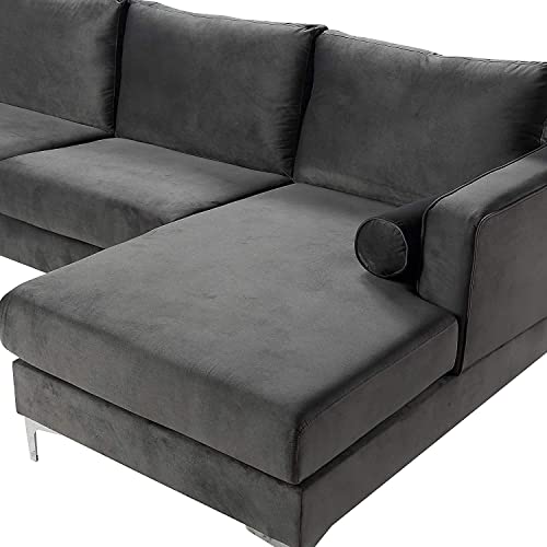 L-Shape Sofa Modern Stylish Elegant Velvet Upholstered Sectional Sofa with Two Pillows Home Villa Living Room Furniture Set U-Shape Symmetrical 4 Seaters Sofá Couch W/Double Wide Chaise Lounge Black