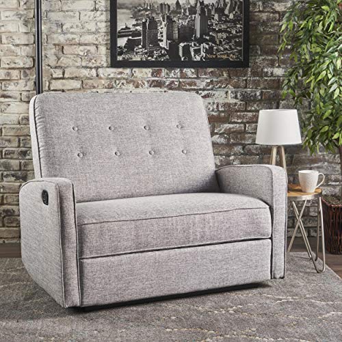 GDFStudio Christopher Knight Home Calliope Buttoned Fabric Reclining Loveseat, Light Grey Tweed / Black