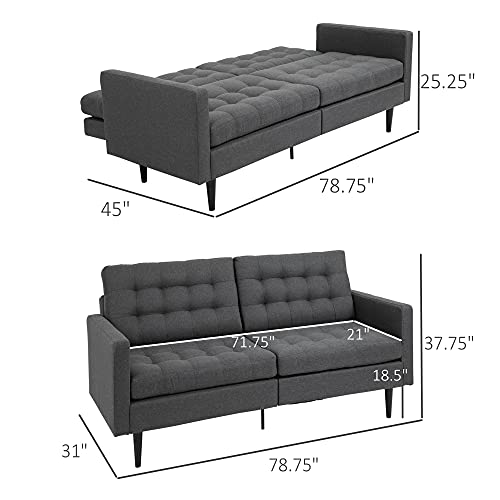 HOMCOM Linen Fabric Convertible Sofa Bed with Button Tufted Back Design, Adjustable Angles and Wood Legs, Grey