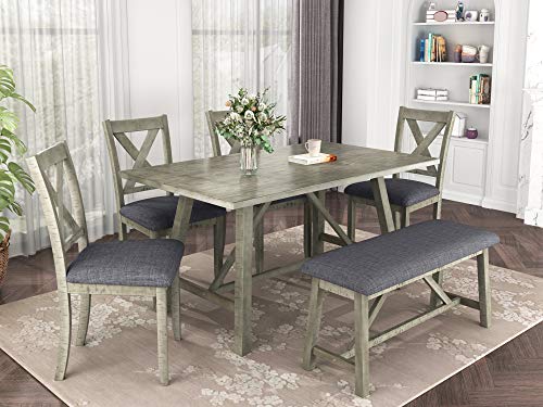 Harper & Bright Designs 6 Piece Rustic Style Dining Table Set Wood Kitchen Table Set with Table, Bench and 4 Chairs, Gray