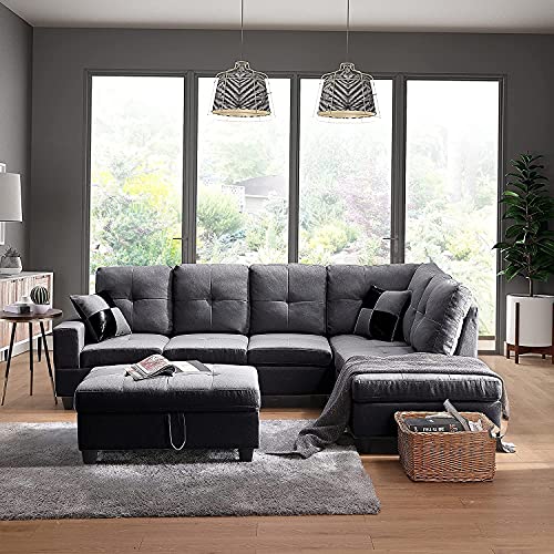 GAOPAN 104 inch Modern Polyester Blend Sectional Sofa Couch with Storage Ottoman & Left Chaise Lounge, L-Shaped 5 Seater W/ 2 Pillows Tufted Cushion Classic Sofá for Living Room Furniture Set,Gray