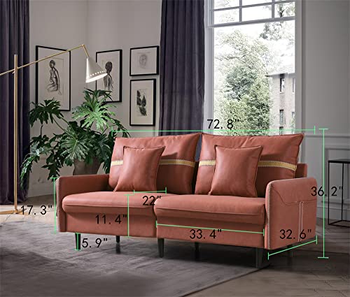 Solid Wood Sofa, Mid-Century Tufted Loveseat Couch with 2 Pillows Arms & Hidden Storage Bags Metal Legs, Living Room Couch for Compact Living Space Apartment, Easy Assembly (Orange)