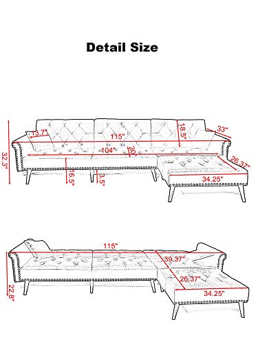 Navy Blue Sectional Sofa Sleeper Bed,JULYFOX 900 LB Heavy Duty 115 inch Velvet Sofa Futon W/Chaise Recliner Back Modern Day Bed W/Nail Head Trim for Living Room Small Spaces Office