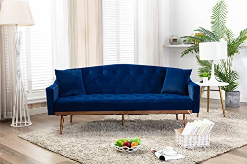 Modern Velvet Accent Loveseat Futon Sofa Bed, Convertible Sleeper Sofa with Pillows, Leisure Couch with Gold Metal Legs for Small Space, Living Room, Office (L Navy)