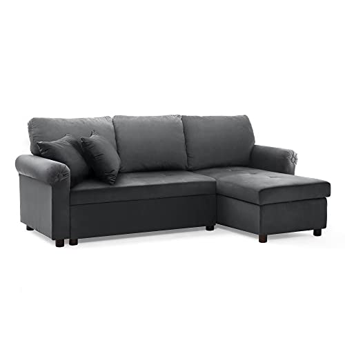 Sleemon Sectional Pull Out Sofa Bed, Chaise Lounge & Storage Convertible Couch for Living Room, L-Shape Velvet Sleeper Sofa Bed, Two Pillows are Included（Grey）