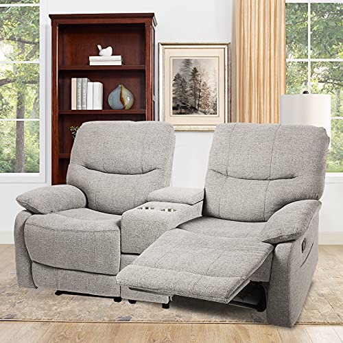 VUYUYU Reclining Sofa, Double Reclining Loveseat with Console, 2 Seater Sofa Home Theater Seating, Fabric Recliner Sofa Couches with Storage and Cup Holders (Light Gray)