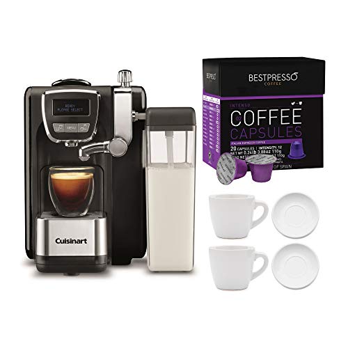 Cuisinart EM-25 - Nespresso Capsules Compatible - with Dark Roast Capsules (20-Count) and 2x Cup and Saucer Set Bundle (4 Items)