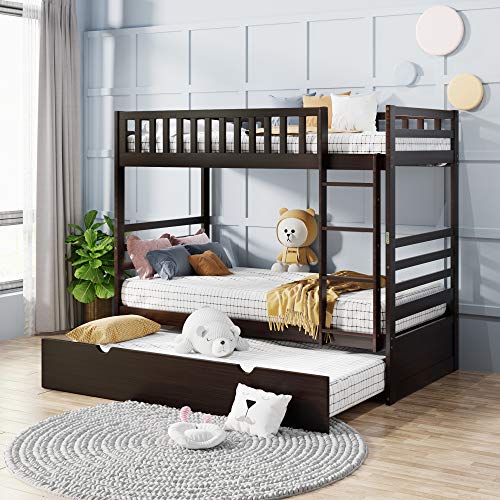Harper&Bright Designs Twin Over Twin Bunk Bed with Trundle Solid Wood Triple Bunk Beds for Kids,Convertible Kids Adults Bunk Beds for Bedroom, Dorm, Espresso