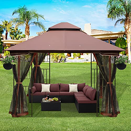 ECOTOUGE 10”x10”Gazebo with Mosquito Netting for Outdoor,Double Waterproof Soft-top, All-Weather Patios Pavilion for Sun and Rain Skylight, Backyard, Garden（Chocolate）