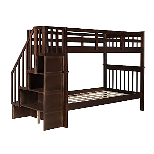 Twin Bunk Beds with Stairway, Full Length Guardrail Wood Bunk Beds for Kids (Espresso (no Trundle), Twin Over Twin)