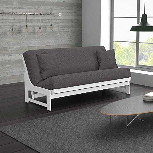 Nico Urban Loft Linen Series Convertible Sleeper Sofa Collection by Nirvana Futons - Full Size White Armless Arden Futon Frame, Pillows, Mattress and Umax Gray Futon Cover Set