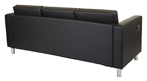 Office Star Atlantic Sofa with Silver Finish Legs and Dual Charging Station, Black Dillon Fabric
