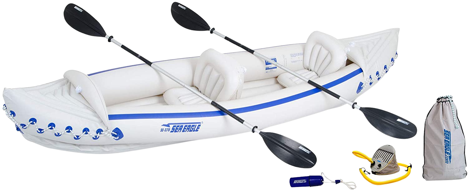 Sea Eagle 370 Inflatable Portable Sport Kayak Canoe 3 Person Deluxe Package With Paddles White Blue New