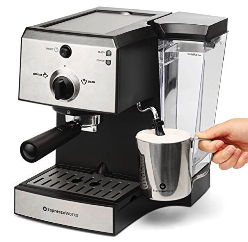 Espresso Machine & Cappuccino Maker with Milk Steamer- 15 Bar Pump, 7 Pc All-In-One Barista Bundle Set w/ Built-in Frother (Inc: Coffee Bean Grinder, Milk Frothing Cup, Tamper & 2 Cups), 1350W (Silver)