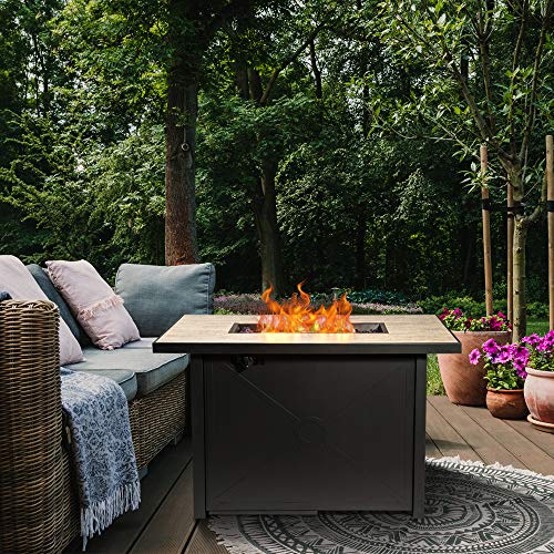 Teamson Home Outdoor Rectangular Propane Ceramic Gas Fire Pit with Steel Base, Black/Stone