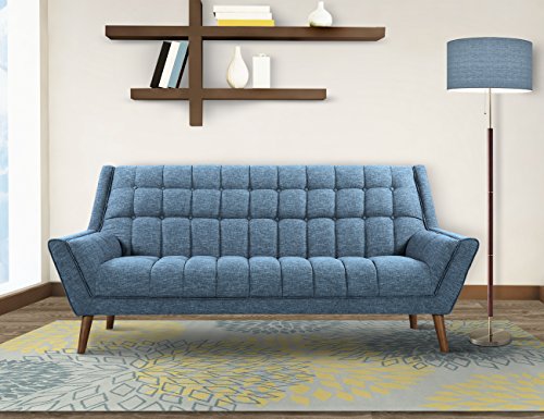 Armen Living Cobra Sofa in Blue Linen and Walnut Wood Finish