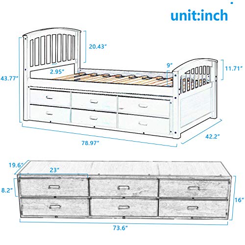 Twin Captain's Bed Storage Daybed with 6 Drawers for Kids Teens and Adults ,Grey