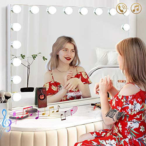 Hansong Vanity Mirror with 18 pcs LED, Extra Large Hollywood Makeup Mirror Lighting Cosmetic Mirror 3 Color Lighting Modes Tabletop or Wallmount Vanity Slim Mirror with USB Charging Port&Bluetooth