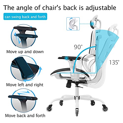 Office Chair, KERDOM Ergonomic Desk Chair, Comfy Breathable Mesh Task Chair with Headrest High Back, Home Computer Chair 3D Adjustable Armrests, Executive Swivel Chair with Roller Blade Wheels (White)