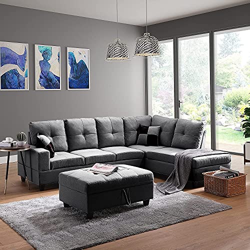 UNIROI Light Grey Modern Large Sectional, L Shaped Corner Couch Chaise Lounge, Storage Ottoman and 2 Pillows Sofa Set for Living Room Furniture, Right-Dark