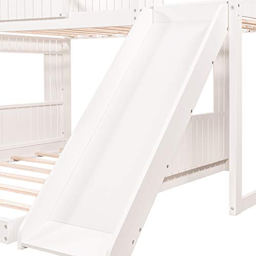 House Bed Bunk Beds with Slide, Wood Bunk Beds with Roof and Guard Rail for Kids, Toddlers, No Box Spring Needed
