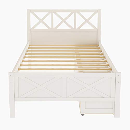 Harper & Bright Designs Twin Bed Frame with headboard ,Wood Twin Platform Bed Frame with Storage ,Bed Frame Twin for Toddlers, Kids, Guest Room ,no Box Spring Needed（Twin,White