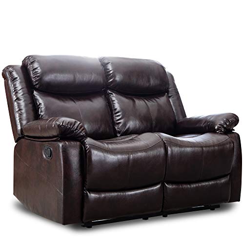 Modern PU Leather Reclining Sofa Loveseat for Living Room Guest Room, Classic 2 Seater Recliner Couch Chair with Thick Cushions, Padded Armrest, Adjustable Backrest and Footrest for Small Space, Brown