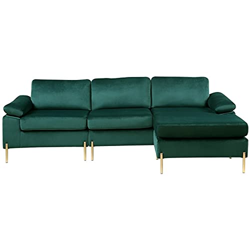 Devion Furniture Modern Velvet Sectional Sofa in Green/Gold Legs