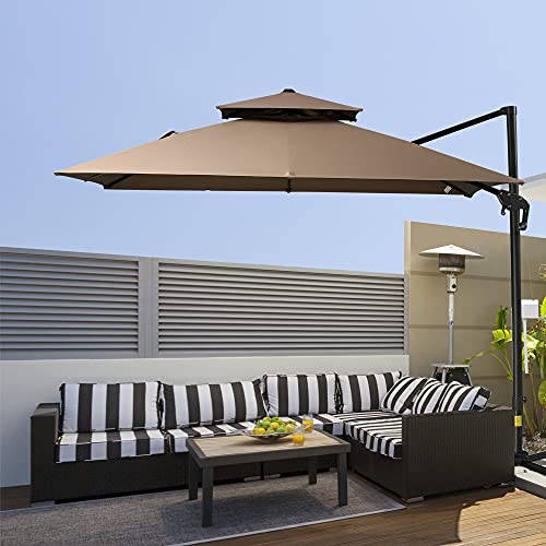 Outsunny 10' 2-Tier Canopy Cantilever Patio Umbrella with Rotating Base & 5-Position Tilt, Coffee