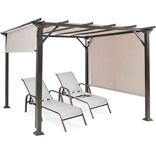 Tangkula 10 X 10FT Outdoor Pergola Gazebo, Outdoor Patio Furniture Sturdy Steel Frame Sun Shelter w/Retractable Canopy Shades, Rustproof Metal Pergola for Patio, Backyard, Garden (Beige)