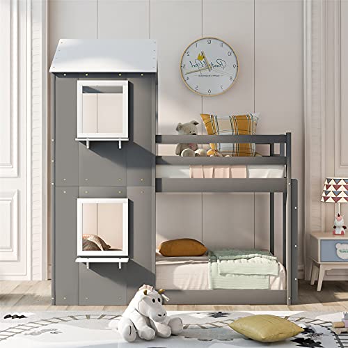 House Bunk Beds, Twin Over Twin Bunk Bed Wooden Low Bunk Bed Frame with Full-Length Guardrail for Kids/Teens/Girls/Boys,No Spring Needed, Gray