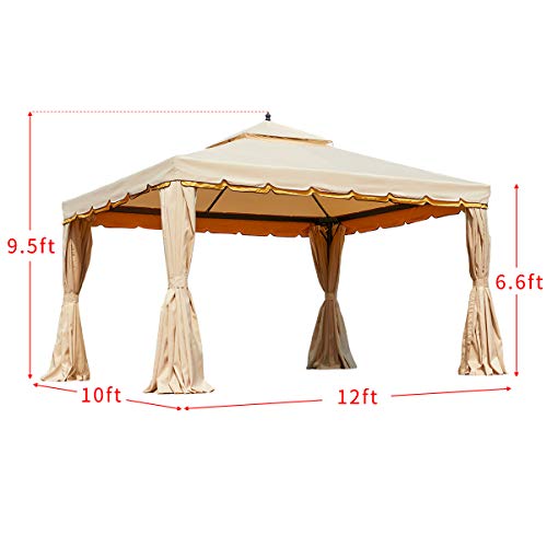 LIFETEN 10’ x 12’ Outdoor Canopy Gazebo Double Roof Patio Gazebo Steel Frame with Netting and Shade Curtains for Garden,Patio, Party Canopy (Beige)