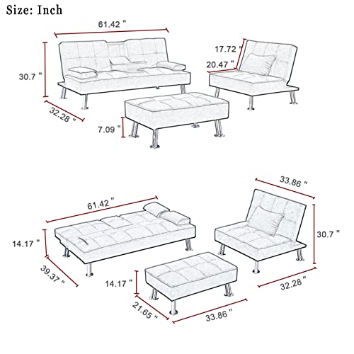 3 Pieces Convertible Sectional Sofa Couch, L-Shaped Sectional Sofa Bed with Two Cup Holders and Ottoman, Tufted Fabric Sofa with Removable Armrest, Modern Living Room Sofa Furniture Set (Black)