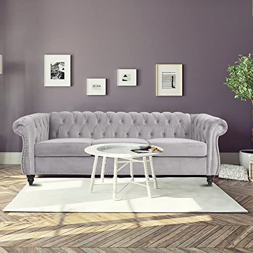AVZEAR 3 seat Sofa, Velvet Sofa Living Room Sofa Large Sofa Modern Chesterfield Fabric Modern 3 Seater Couch Furniture Classic Tufted Chesterfield Settee Sofa, Grey