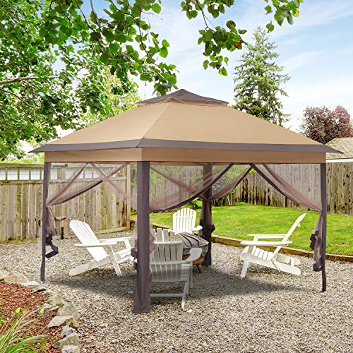 11x11ft Outdoor Pop up Gazebo Canopy with Netting and Solar Lights Waterproof Patio Gazebo Shelter with Ground Nail and Rope(Khaki)