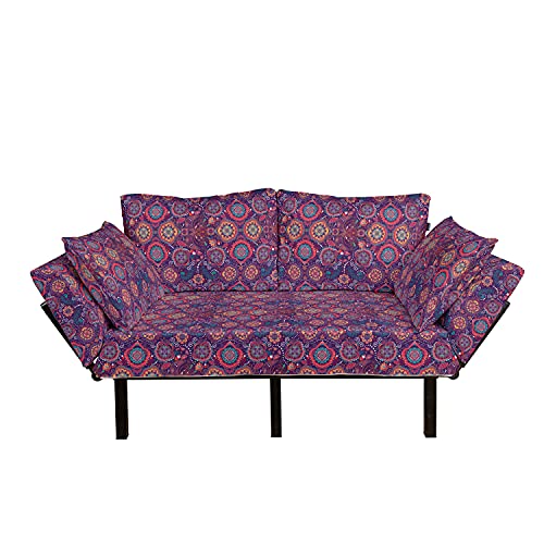 Lunarable Batik Futon Couch, Eastern Droplet-Shaped Paisley Inspired Traditional Forms Vivid Colors Image, Daybed with Metal Frame Upholstered Sofa for Living Dorm, Loveseat, Pink Purple