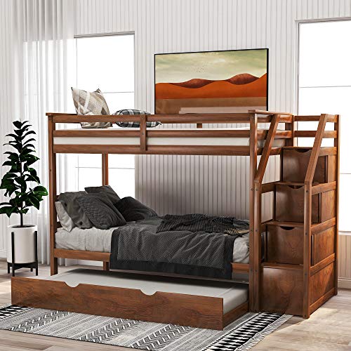 Twin Over Twin Bunk Bed with Trundle, Wooden Twin Over Bed Frame with Storage Drawers and Safety Rail Ladder, Teens Bedroom Bed, Guest Room Furniture (Walnut)