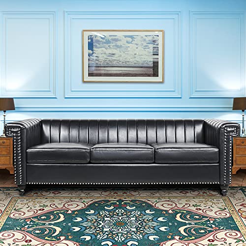 3 Seater Couch and Sofa, Faux Leather Couch Upgraded Version Sponge with Solid Wooden Legs, Comfortable Durable Easy to Assemble Sofa for Living Room or Bedroom(Black)