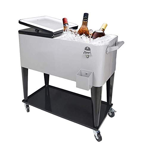 Nattork 80 Quart Rolling Cooler Cart,Portable Wicker Cooler Trolley for Outdoor Patio Deck Party,Beverage Bar Stand Up Cooler with Wheels, Ice Chest with Shelf, Water Pipe and Bottle Opener