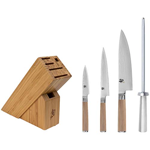 Shun Classic Blonde 5 Piece Starter Knife Block Set; Chef’s, Utility, and Paring Knives with Honing Steel and Block; PakkaWood Handles, VG-MAX Blades , Large