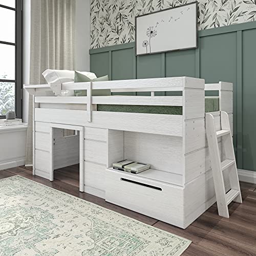 Max & Lily Modern Farmhouse Loft Bed with 1 Drawer, Twin, White Wash