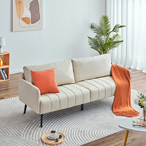 Vonanda 72 inch Sofa Couch for Living Room, Faux Leather 3 Seater Sofa with Fashion Striped Seat Cushion, Upholstered Sofa for Living Room Bedroom Furniture, Beige