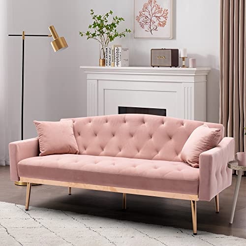 Accent Couch,Velvet Futon Sofa Bed,Sleeper Sofa Couch with 2 Pillows,Tufted Loveseat Sofa with 5 Golden Metal Legs Mid Century Modern Sofas for Home Living Room Bedroom(Pink)