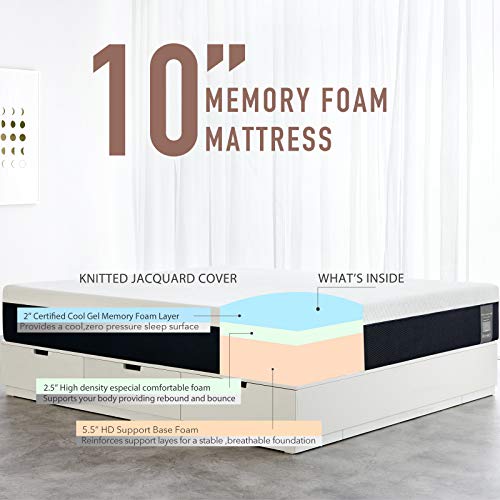 Queen Size Mattress, 10 Inch Iyee Nature Cooling-Gel Memory Foam Mattress Bed in a Box, Supportive & Pressure Relief with Breathable Soft Fabric Cover, Medium Firm Feel,Black