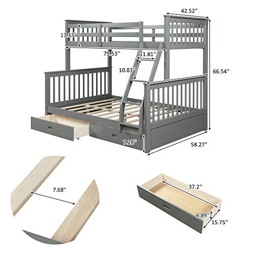 Harper & Bright Designs Twin-Over-Full Bunk Bed for Kids, Solid Wood bunks beds with Ladders and Two Storage Drawers (Gray)