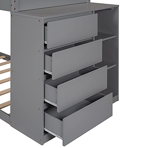 Twin Over Twin Bunk Bed with Storage, Wood Bunk Beds with 4 Drawers and 3 Shelves, Low Bunk Beds for Kids, Toddlers Girls Boys, Teens, Adults (Grey)