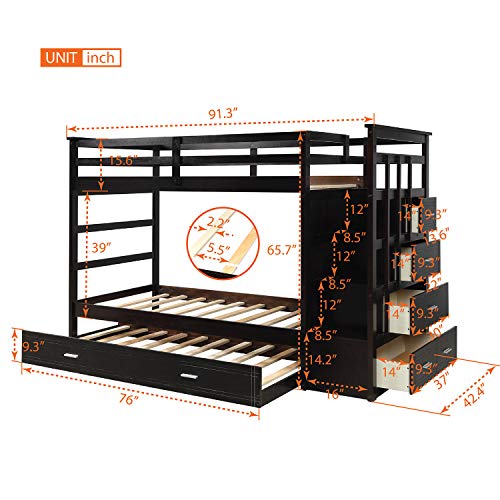 Bunk Bed Twin Over Twin, Wood Twin Bunk Bed Frame with Stairway Trundle and Storage Drawers,for Kids and Teen, White Finish (Espresso)