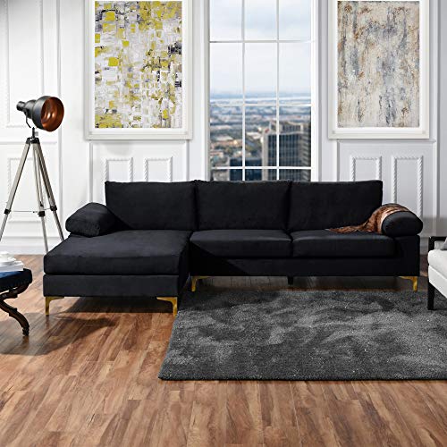 Casa Andrea Milano Modern Sectional Sofa L Shaped Velvet Couch, with Extra Wide Chaise Lounge and Gold Legs, Large, Black